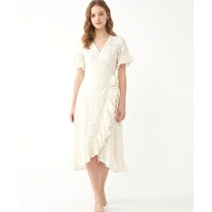 Elestory Wrap Dress Womens Large White Floral Eyelet Ruffle USA Romantic Midi